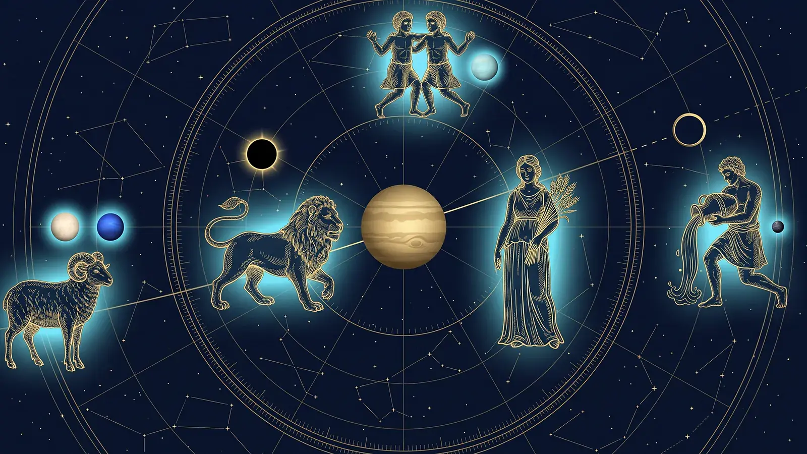 Carte du ciel de 2027 : Jupiter passe du Lion à la Vierge le 26 juillet, encadré par Saturne et Neptune en Bélier, Uranus en Gémeaux et Pluton en Verseau