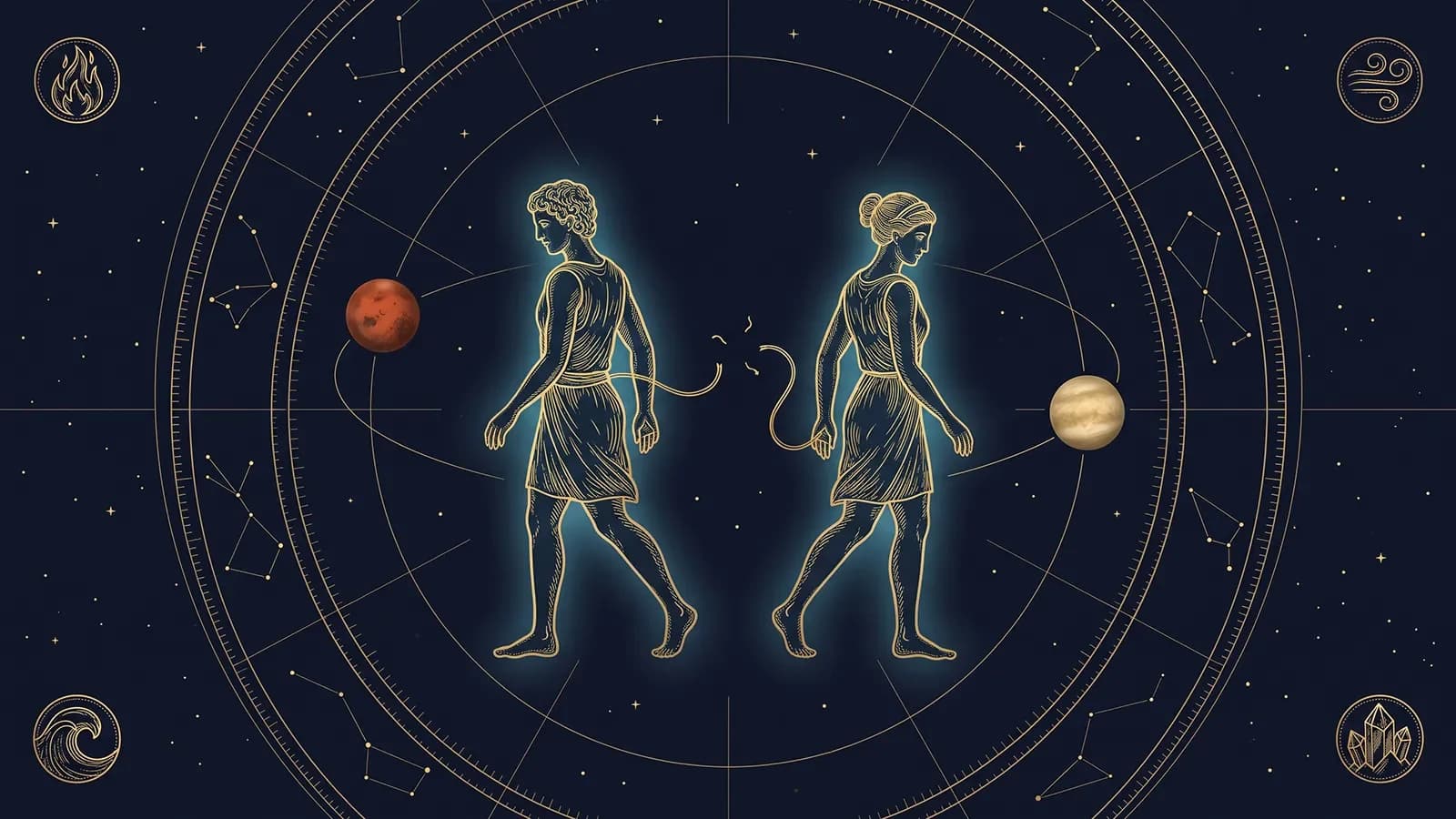 Deux figures gravées en or se tournent le dos, le fil doré qui les reliait rompu ; Mars tire l'une vers la gauche, Vénus l'autre vers la droite, les quatre éléments aux coins