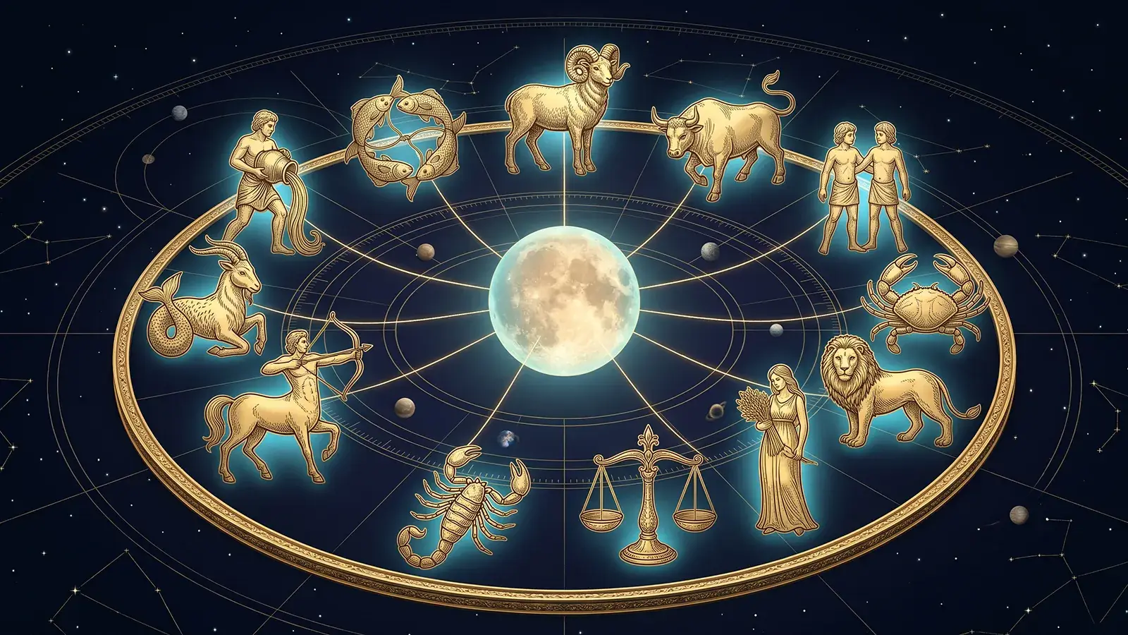 Roue du zodiaque : les douze signes gravés en or autour d'une Lune lumineuse, reliés à elle par douze fils dorés