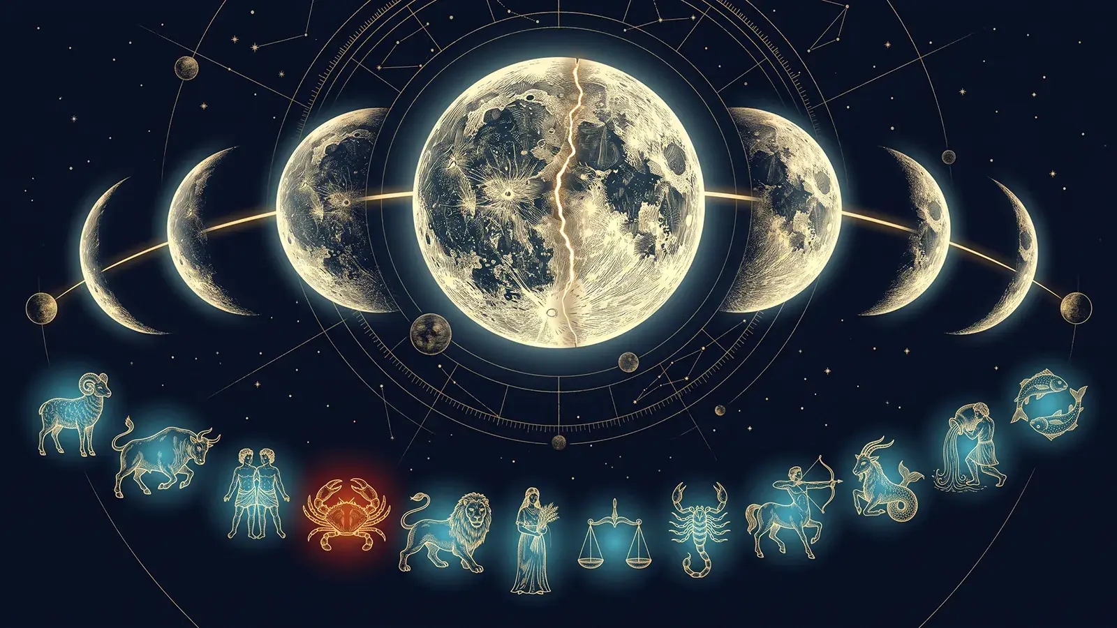 Phases de la Lune au-dessus des douze signes du zodiaque ; la pleine Lune est fendue d'un trait de lumière et le Crabe s'allume en rouge