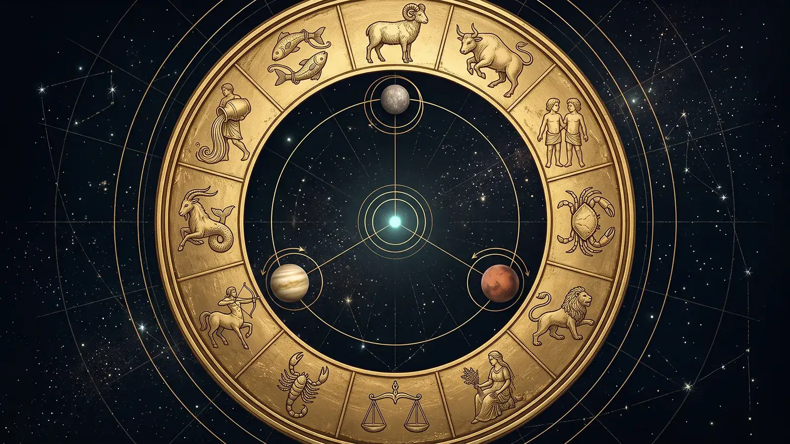 Kaart van de nachthemel: Mercurius, Venus en Mars trekken elk een gouden retrograde lus tussen de twaalf figuren van de dierenriem, in een cyaan gloed
