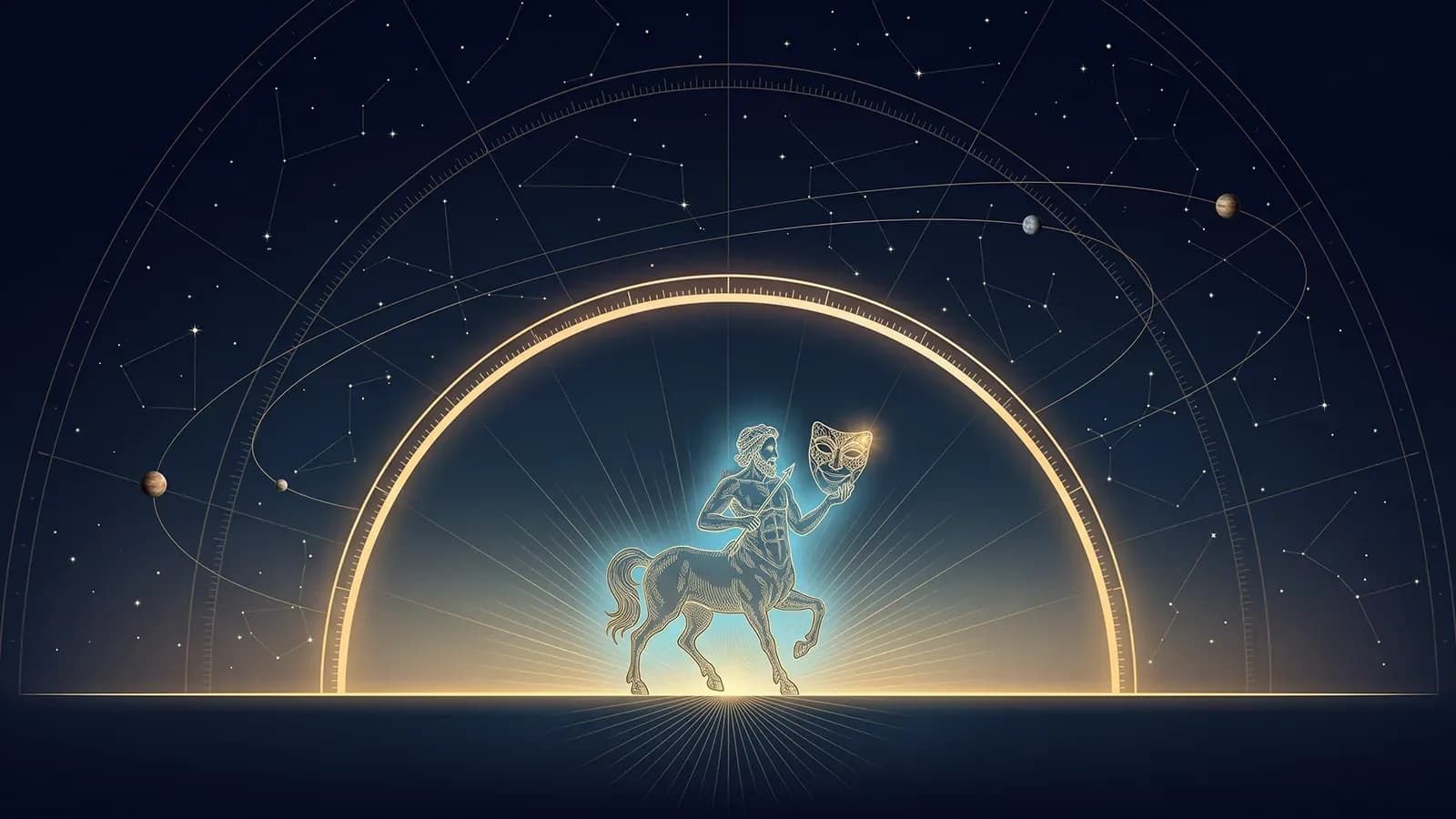 Een in goud gegraveerde centaur rijst bij dageraad boven de horizon, met een gouden theatermasker voor het gezicht, onder een grote lichtende boog