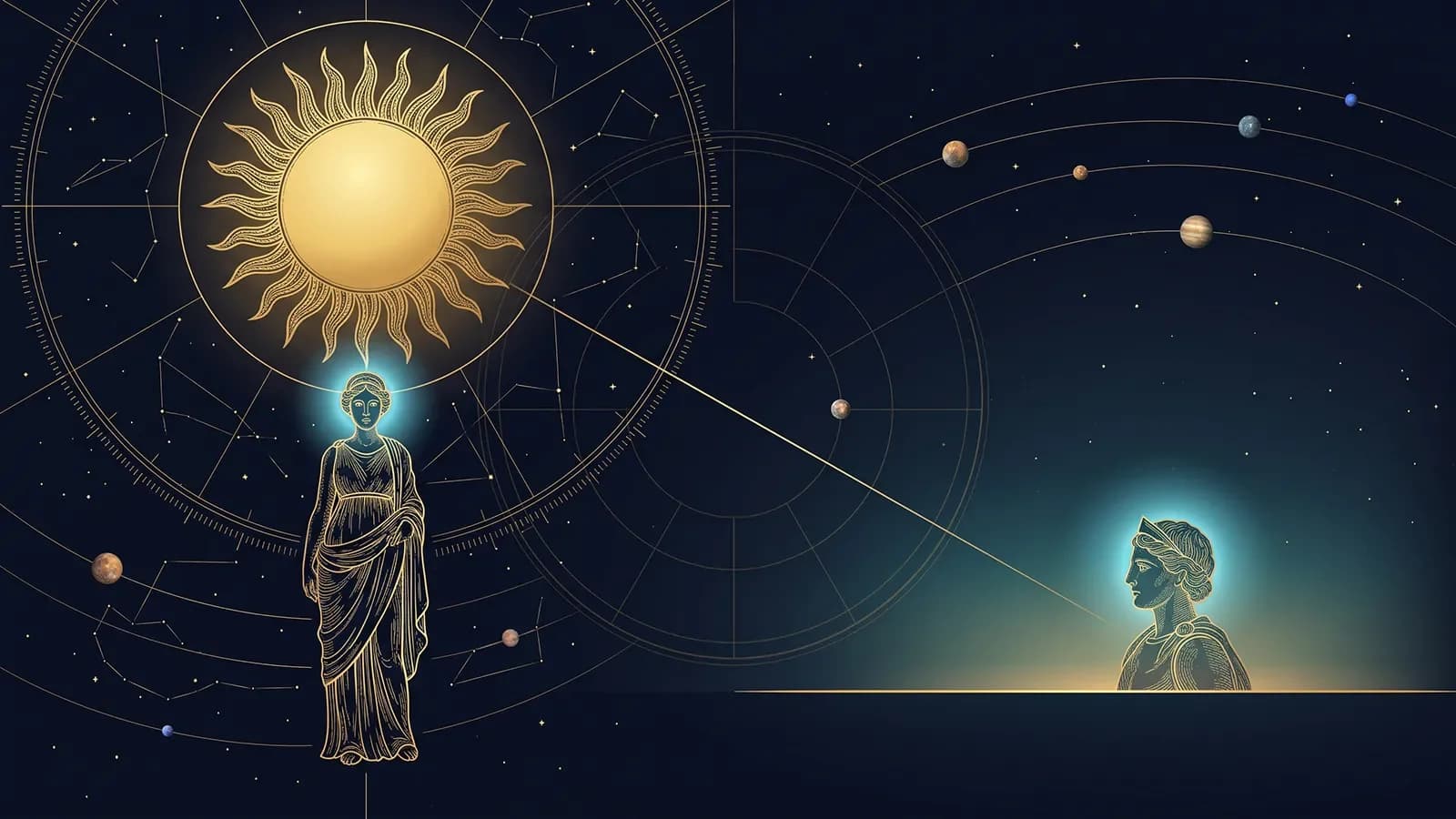 À gauche, un Soleil rayonnant au-dessus d'une figure gravée ; à droite, une seconde figure émerge de l'horizon à l'aube, reliée au Soleil par un axe doré