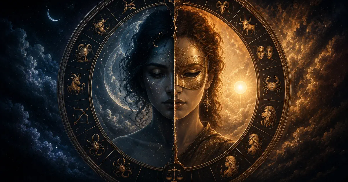 Split mirror showing inner identity and outer persona through zodiac symbolism