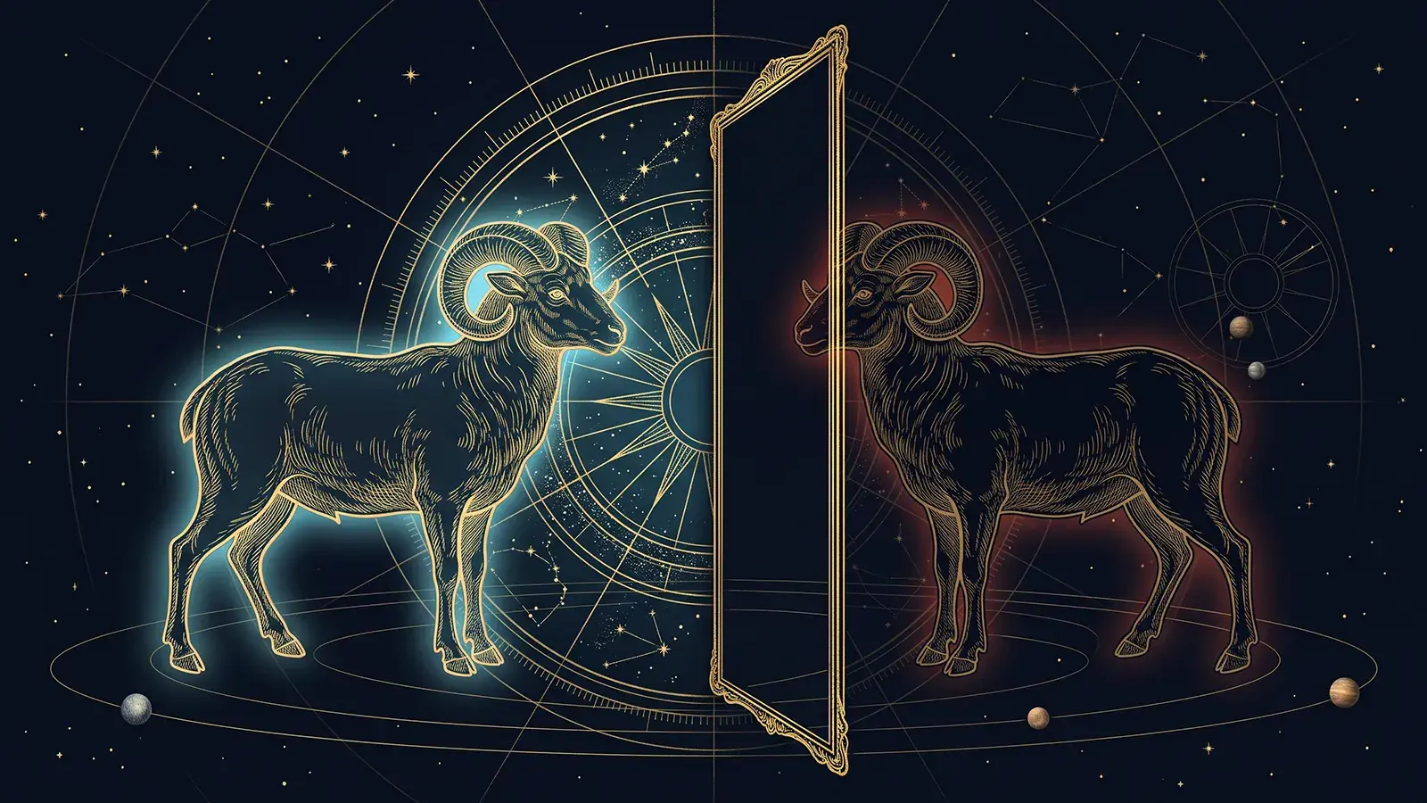 Un Bélier gravé en or au halo cyan face à un grand miroir doré ; son reflet, le même Bélier, baigne dans une lueur rouge