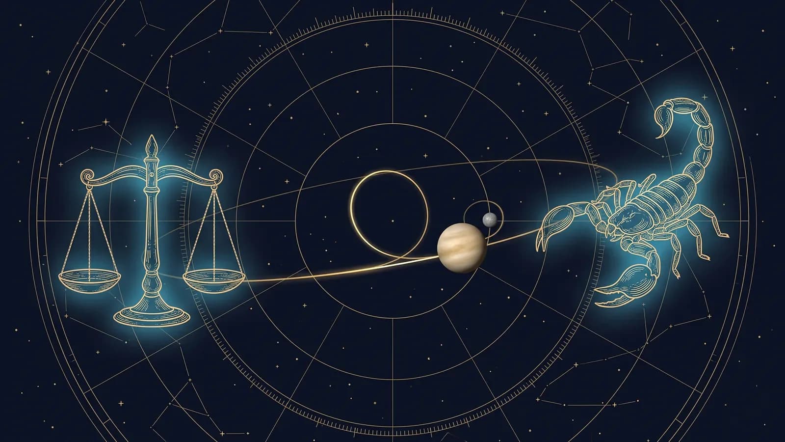 Vénus trace une boucle dorée entre la Balance, à gauche, et le Scorpion, à droite, suivie par une petite Mercure sur sa propre boucle