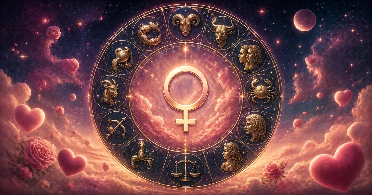 Venus symbol surrounded by the 12 zodiac signs with romantic celestial imagery