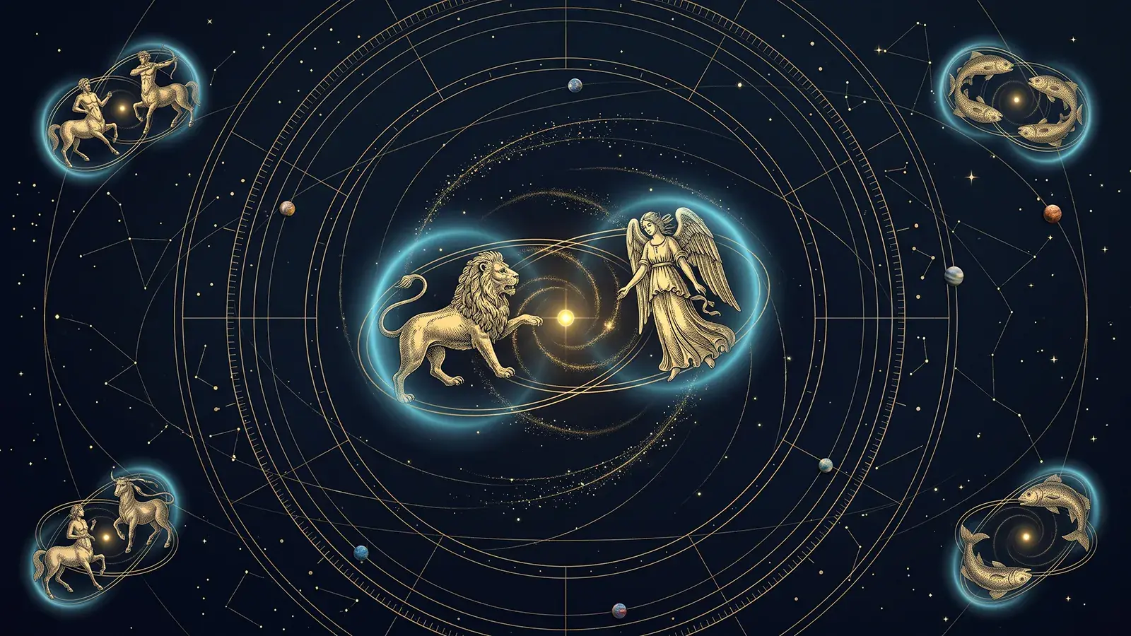 Un Lion et une Vierge ailée gravés en or tournent l'un autour de l'autre sur des orbites dorées entrelacées ; d'autres paires orbitent aux coins