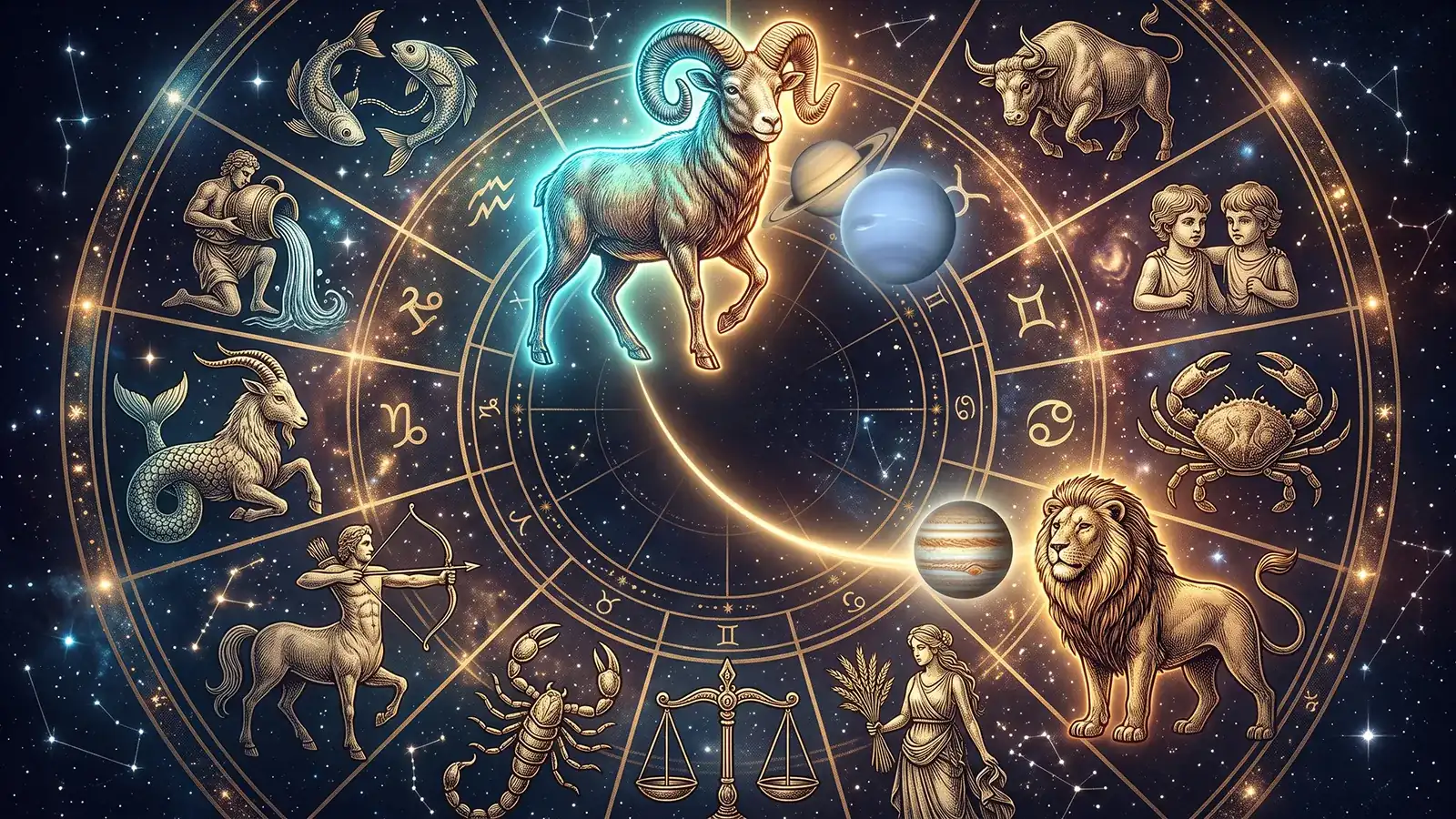 Goldenes Tierkreisrad am Sternenhimmel: der Widder, vergrößert und leuchtend, neben Saturn und Neptun; Jupiter beim Löwen schickt ihm einen goldenen Bogen.