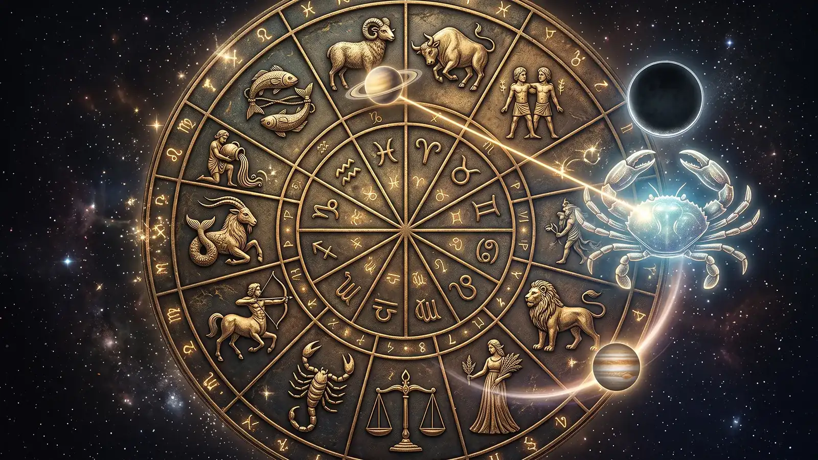 Ruota zodiacale dorata nel cielo stellato: il Cancro, ingrandito e luminoso, sotto una Luna nuova scura; Saturno, vicino all’Ariete, lo unisce con una linea retta e Giove con un arco dorato.