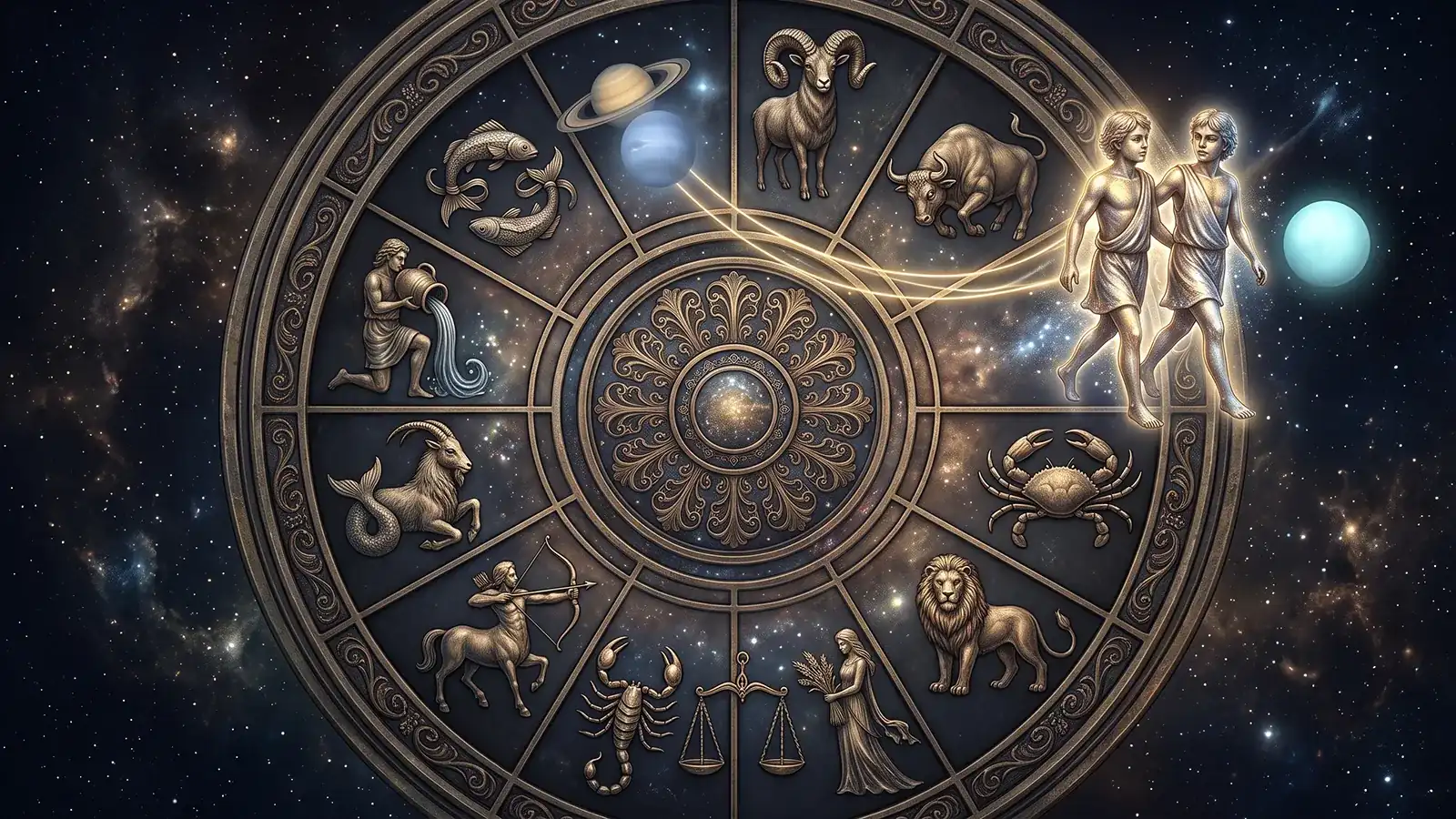 Ruota zodiacale nel cielo stellato: i Gemelli, ingranditi e luminosi, escono dalla ruota accanto a Urano; Saturno e Nettuno, vicino all’Ariete, inviano loro fili dorati.