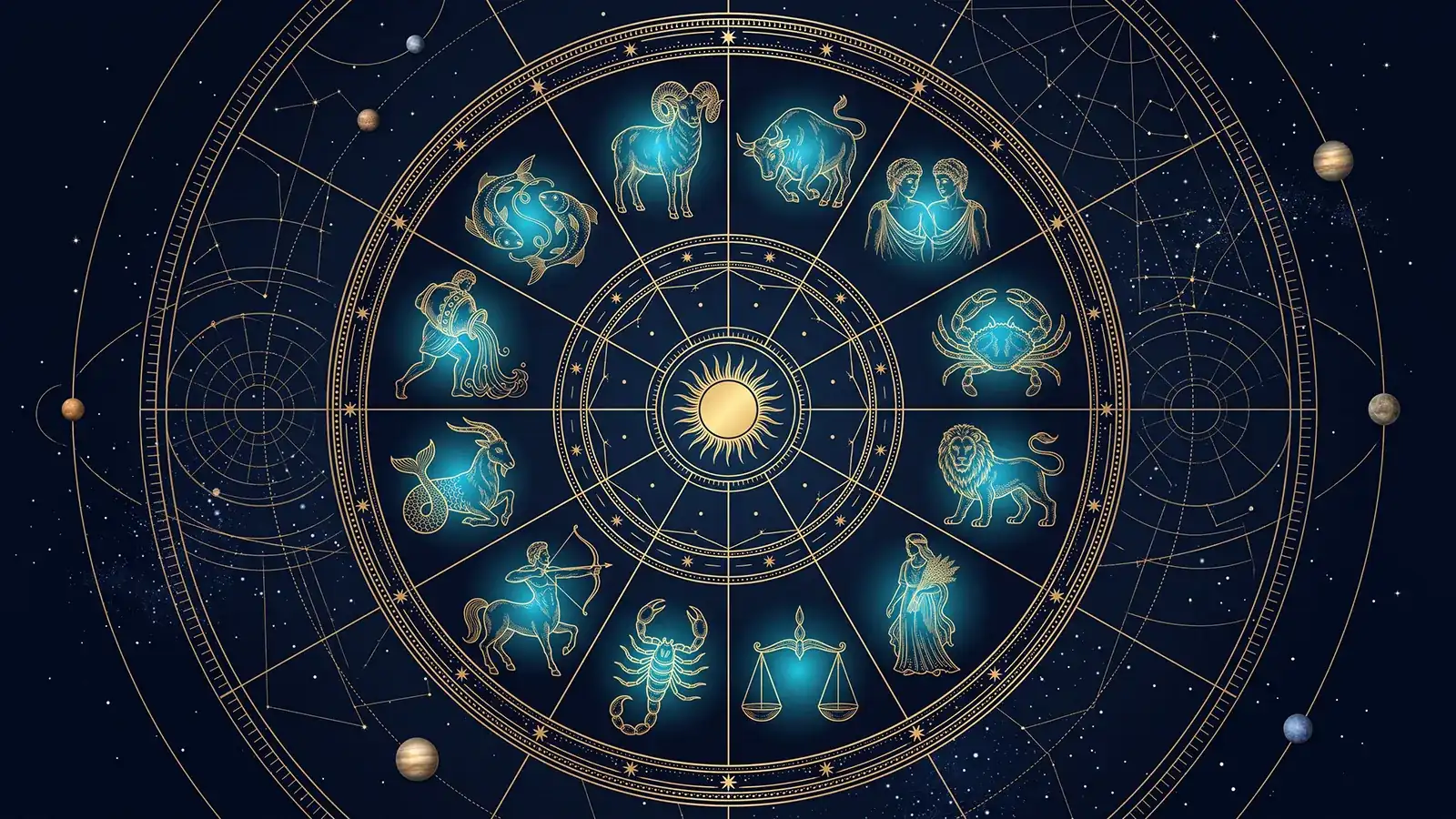 Navy and gold zodiac wheel: the twelve signs as golden engravings with a cyan glow, the Sun at the centre and the planets on their orbits.