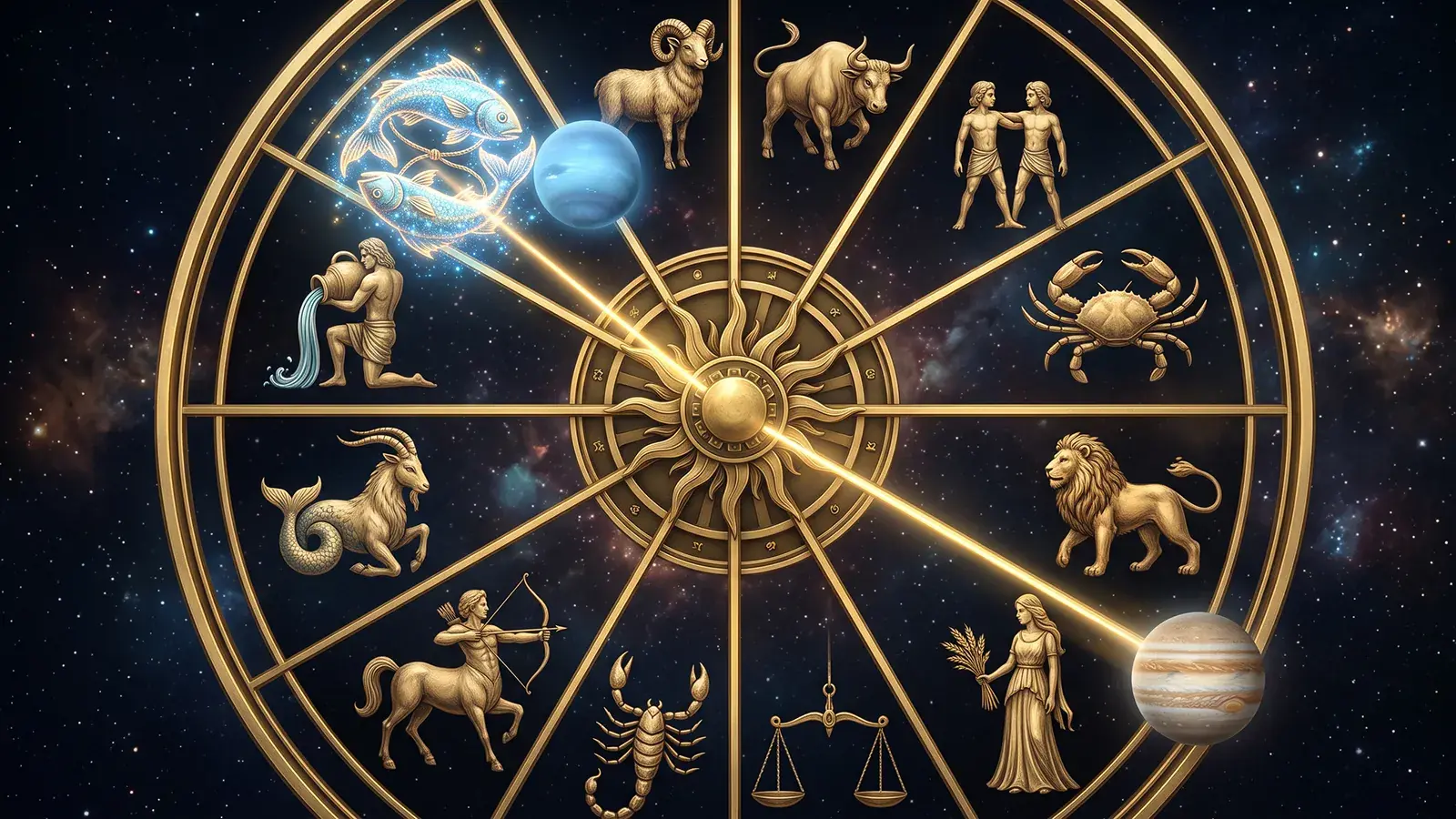 Złote koło zodiaku na rozgwieżdżonym niebie: powiększone, migoczące Ryby obok Neptuna; złota linia przecina koło aż do Jowisza przy Pannie.