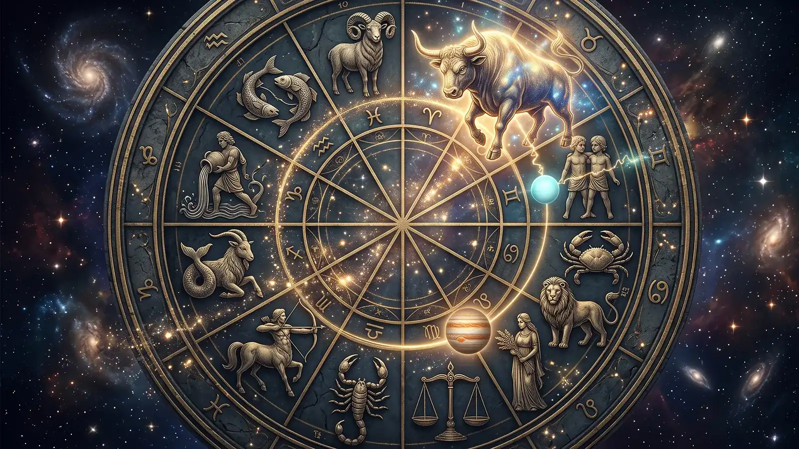 Ruota zodiacale dorata nel cielo stellato: il Toro, ingrandito e luminoso; Urano, vicino ai Gemelli, gli invia un filo a zigzag e Giove, vicino alla Vergine, un arco dorato.