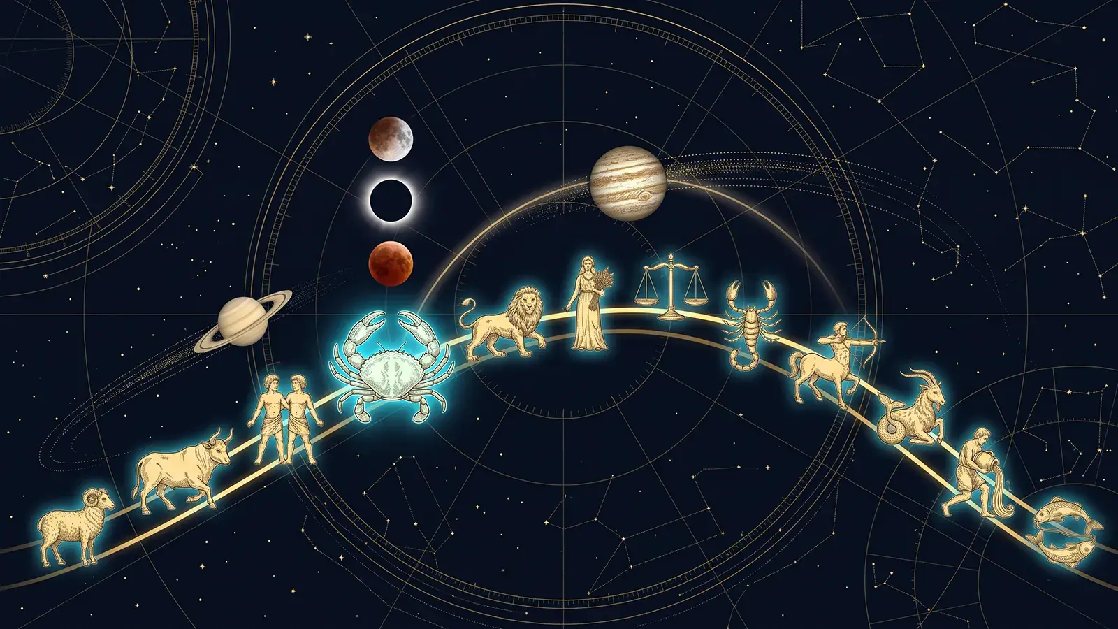 Arco dorato dell’eclittica nel cielo stellato con i dodici segni: il Cancro, ingrandito e luminoso, sotto tre eclissi in colonna: una Luna in parte oscurata, un’eclissi totale di Sole e una Luna rossa; Saturno e Giove passano ai due lati.