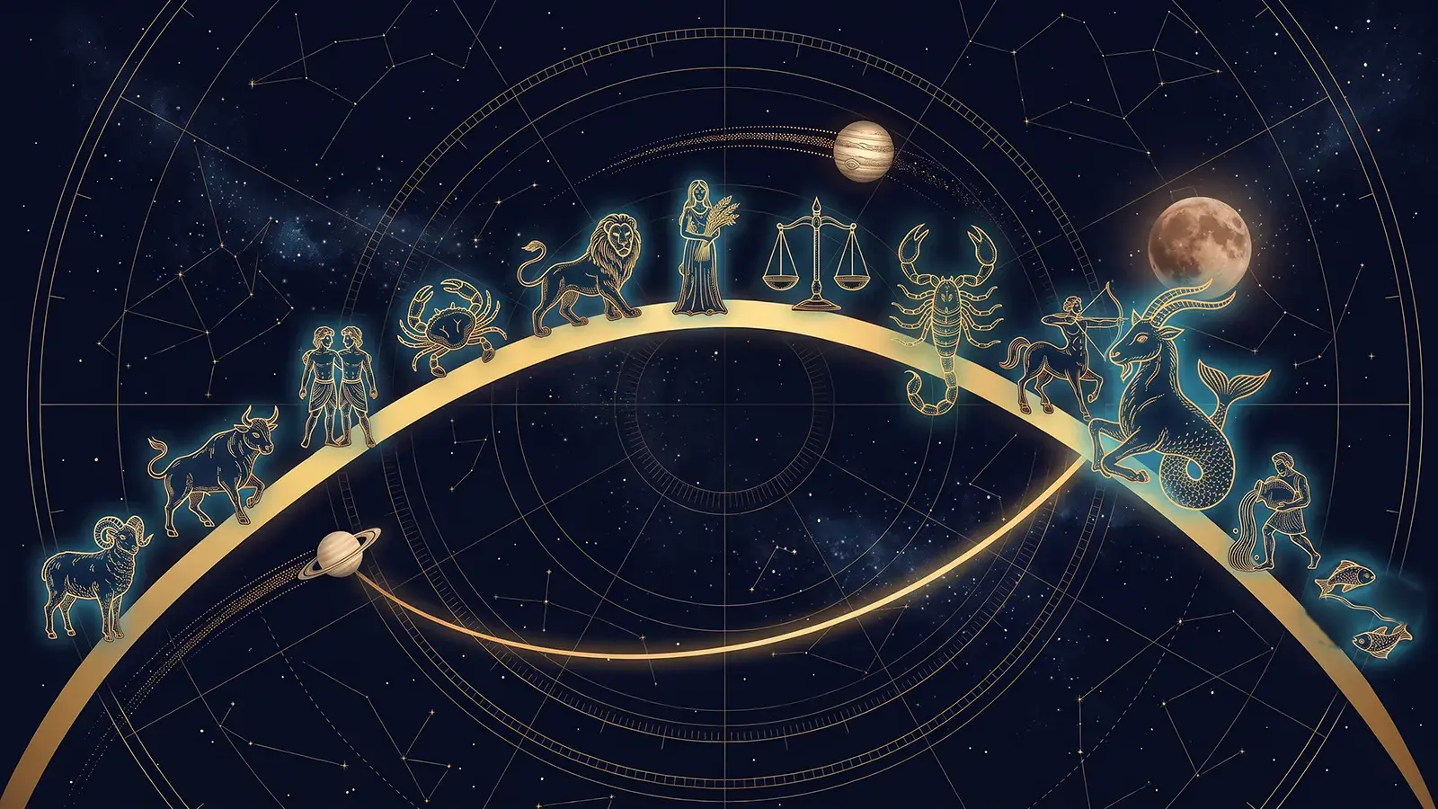 Goldener Bogen der Ekliptik am Sternenhimmel mit den zwölf Zeichen: der Steinbock, vergrößert und leuchtend, unter einem kupferfarbenen Vollmond; ein goldener Bogen verbindet ihn mit Saturn, der vom Widder zum Stier zieht, und Jupiter zieht über die Waage.