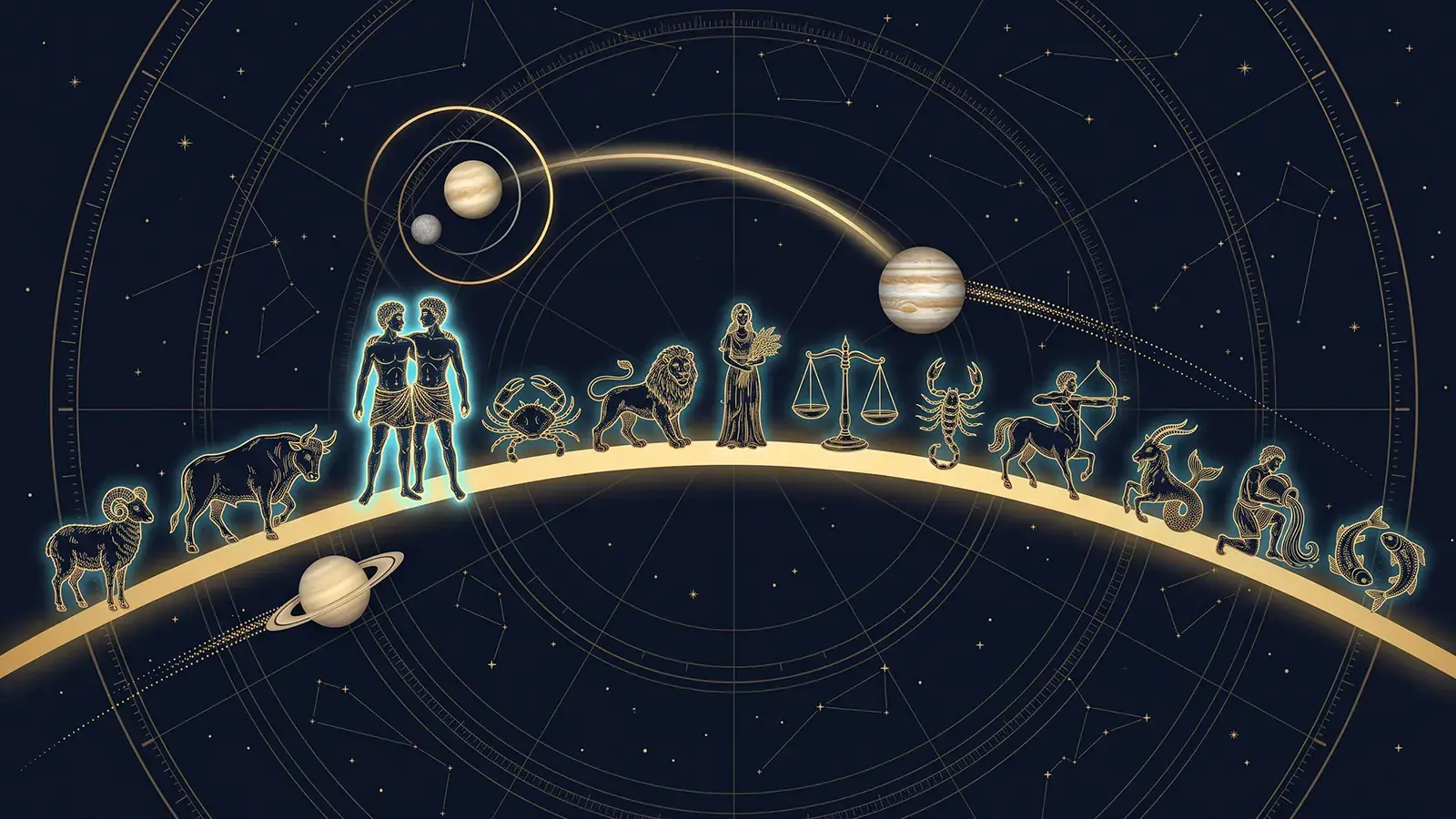 Arco dorato dell’eclittica nel cielo stellato con i dodici segni: i Gemelli, ingranditi e luminosi; sopra di loro Venere e Mercurio girano in un doppio cerchio dorato, unito da un arco a Giove, diretto verso la Bilancia.