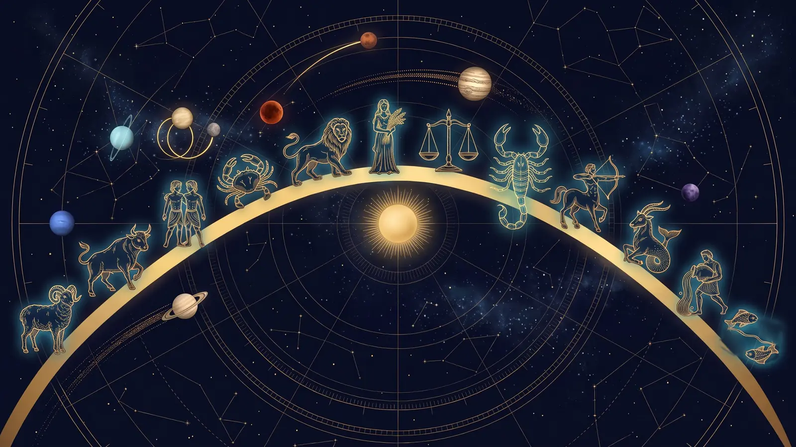 Arco dourado da eclíptica com os doze signos, de Áries a Peixes, e todos os planetas de 2028: Neptuno junto a Áries, Saturno a passar de Áries para Touro, Urano, Vénus e Mercúrio retrógrados junto a Gêmeos, a Lua eclipsada junto a Câncer, Marte, Júpiter por cima de Libra, Plutão e o Sol ao centro.