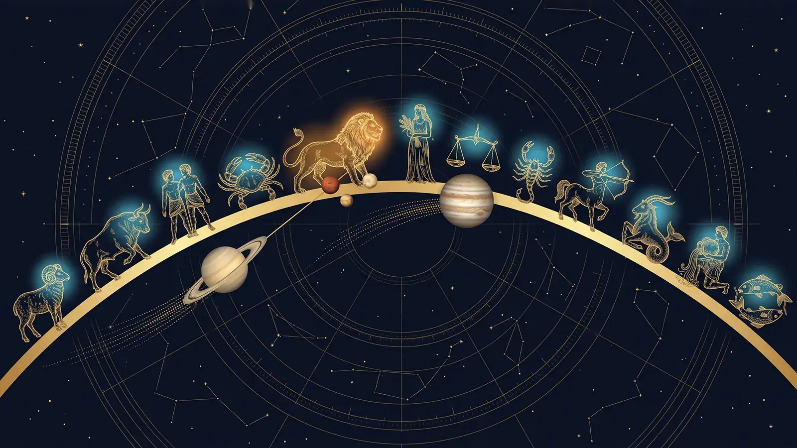 Arco dorato dell’eclittica nel cielo stellato con i dodici segni: il Leone, ingrandito, con un alone dorato, Marte e Venere sull’arco ai suoi piedi; un filo dorato lo unisce a Saturno e Giove avanza verso la Bilancia.