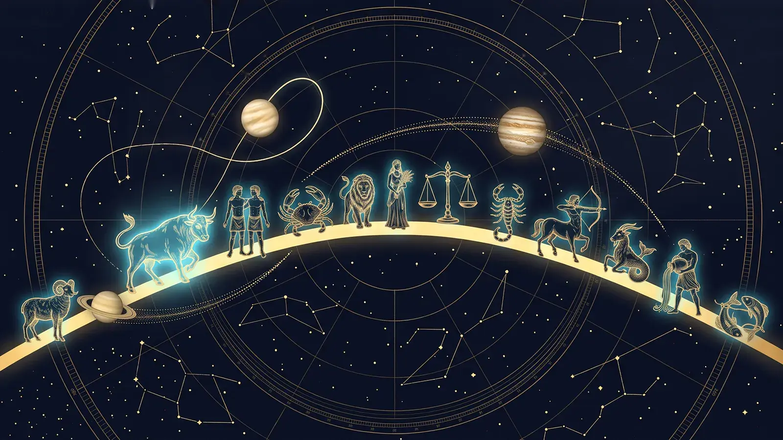 Golden arch of the ecliptic on a starry sky with the twelve signs: Taurus, enlarged and glowing, with Saturn at its feet; above Gemini, Venus traces a retrograde loop tied to Taurus by a golden thread, and Jupiter heads for Libra.